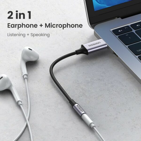 ugreen 30757 usb 2.0 to 3.5mm audio adapter aluminum alloy 25cm (dark gray)
