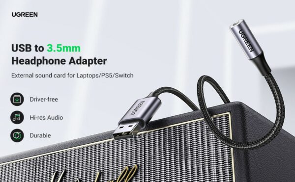 ugreen 30757 usb 2.0 to 3.5mm audio adapter aluminum alloy 25cm (dark gray)