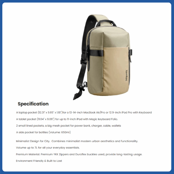tomtoc navigator t24 sling bag 14" khaki