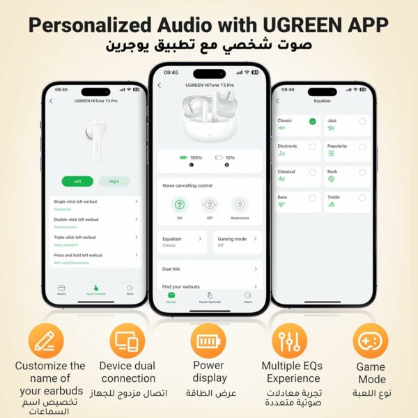 ugreen 35725 hitune t3 pro active noise cancelling wireless earbuds