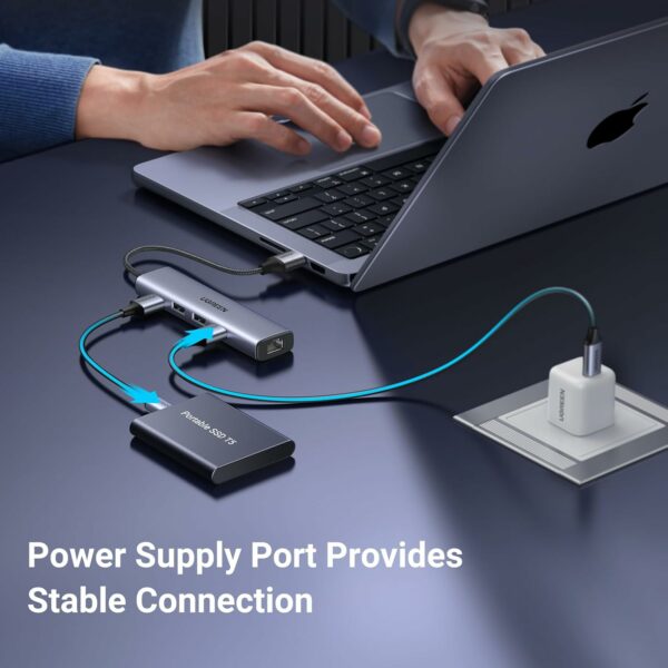 Ugreen - 60554 USB3.0 to 3×USB3.0 +RJ45 (1000M) Ethernet Adapter Type-C Power Supply - Image 7