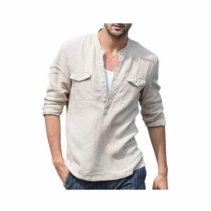 mens long sleeve shirt henley button beige