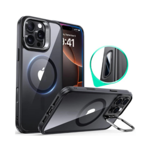 esr halolock classic hybrid case (camera control, stash stand) for iphone 16 pro max clear black