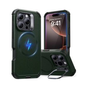 esr cyber tough case with stash stand (halolock) for iphone 16 pro green