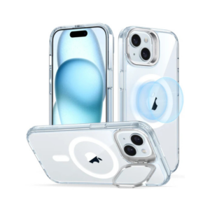 esr classic hybrid case with stash stand (halolock) for iphone 15, clear blue