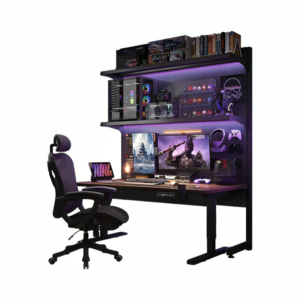 motorized desk with metal pegboard shelves