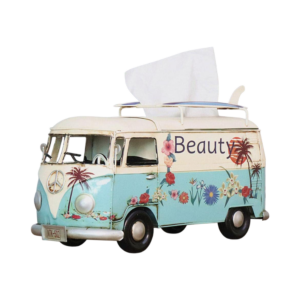 retro sky blue tissue box flower bus model