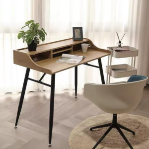 desk with low storage hutch and black metal tapered legs